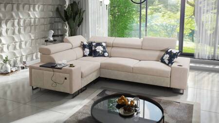 Ecksofa mit Schlaffunktion Flavio II beige/beige Öko-Leder links bequemes Ecksofa Bett offene Bar an der Seite des Möbels