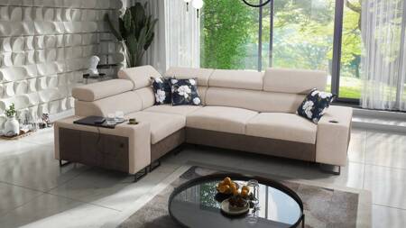 Ecksofa mit Schlaffunktion Flavio II beige/braun links bequemes Ecksofabett offene Bar an der Seite des Möbels