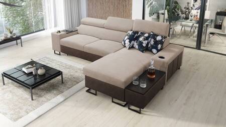 Ecksofa mit Schlaffunktion Flavio beige / braun rechts elegantes Ecksofa mit einer seitlich öffnenden Verlängerungsstange