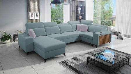 Ecksofa mit Schlaffunktion Kelly IV arctic blue links geflochtenes bequemes Ecksofa verstellbare Kopfstützen seitlich mit Latten verkleidet