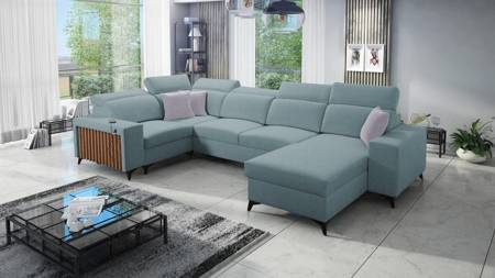 Ecksofa mit Schlaffunktion Kelly IV arctic blue rechte Seite geflochtenes bequemes Ecksofa verstellbare Kopfstützen seitlich mit Lamellen verziert