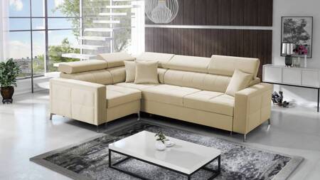 Ecksofa mit Schlaffunktion Nausa II beige linksseitig Samt Ziernähte auf der Sitzfläche Ecksofa mit Bettzeugbehälter