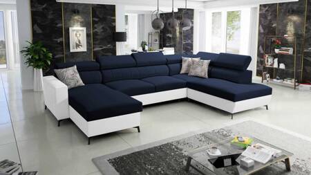 Ecksofa mit Schlaffunktion Savona VI marineblau/weiß links elegantes und bequemes Ecksofa für Wohnzimmer zwei Container für Bettzeug 