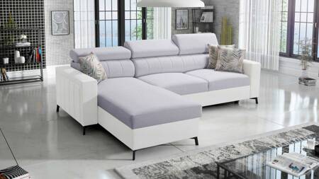 Ecksofa mit Schlaffunktion Savona grau Esche / weiß links elegantes Ecksofa verstellbare Kopfstützen Ziernähte 