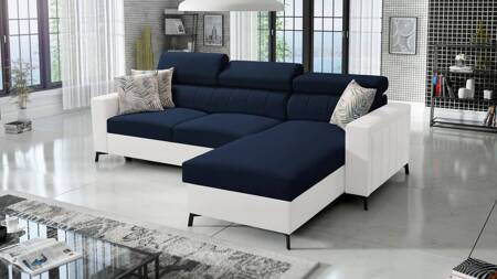 Ecksofa mit Schlaffunktion Savona navy blau / weiß rechts elegantes Ecksofa mit verstellbaren Kopfstützen Ziernähte 