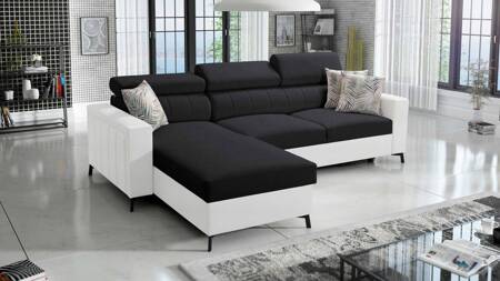 Ecksofa mit Schlaffunktion Savona schwarz / weiß links elegantes Ecksofa mit verstellbaren Kopfstützen Ziernähte 