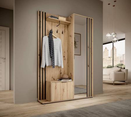 Garderobe Aspen 131 cm Eiche handwerkliche Garderobe mit dekorativen schwarzen Lamellen funktionelle und praktische Flurgarderobe