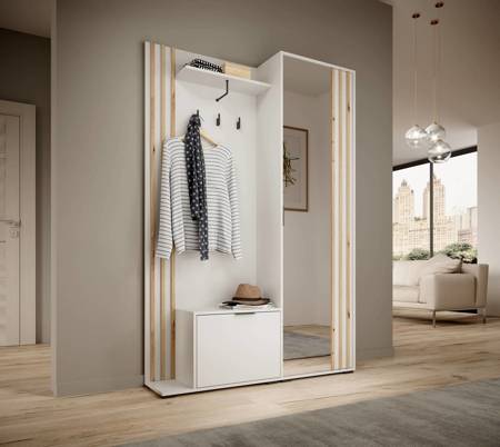 Garderobe Aspen 131 cm Weiß Garderobe mit dekorativen Lamellen in Eiche Artisan Farbe Funktionale und praktische Garderobe für den Flur