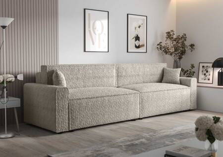 Klappsofa Brandon XL Bis cremefarbener moderner Designstoff mit ausgeprägter Schleifenoberfläche Bettzeugbehälter