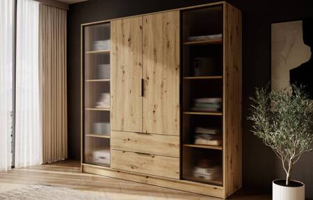 Kleiderschrank Corse 206 cm Eiche handwerklich modernes Design Kleiderschrank mit Glasfronten und geräumigen Schubladen ideal für Schlafzimmer und Büros