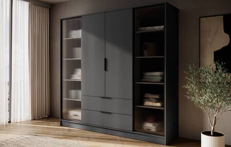 Kleiderschrank Corse 206 cm graphit modernes Design Kleiderschrank mit Glasfronten und geräumigen Schubladen ideal für Schlafzimmer und Büros