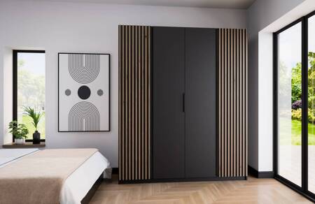 Kleiderschrank Kastano XI 200 cm schwarz modernes Design Kleiderschranktür verziert mit Eiche evoke Lamellen stilvolle Kante Griffe