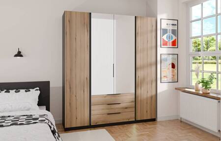 Kleiderschrank mit Spiegel Kastano III 200 cm schwarz / Eiche evoke stilvolle Garderobe Design für Schlafzimmer Metallkante Griffe