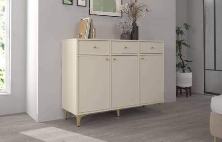 Kommode Kioto I 125 cm beige minimalistische Form ideale Kommode für Wohnzimmer oder Schlafzimmer goldene Accessoires