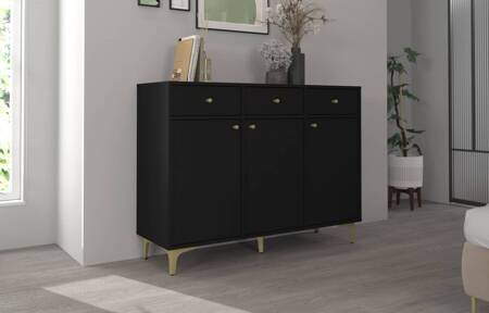 Kommode Kioto I 125 cm schwarz graphit minimalistische Form ideale Kommode für Schlafzimmer oder Wohnzimmer Gold Accessoires