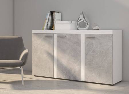 Kommode Rene 149 cm weiß / heller Beton moderne Kommodenformen in einzigartigem Design Kantenbearbeitung mit Spezialfurnier