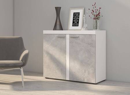 Kommode Rene 97 cm weiß / heller Beton modernes Möbeldesign Kommode umrandet mit speziellem ABS-Furnier