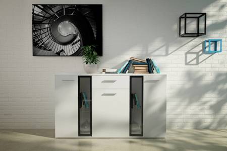 Kommode Senja 140 cm weiß modernes Möbeldesign Kommodenkante mit speziellem ABS-Furnier verarbeitet