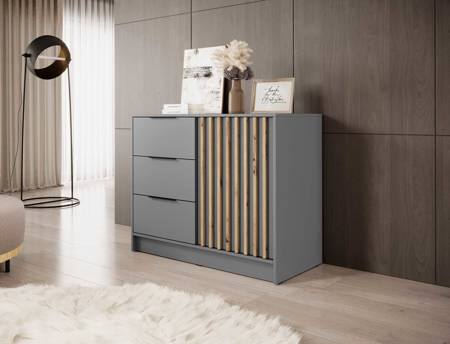 Kommode mit Schubladen Aspen 105 cm Grau / Eiche Artisan Lamellen modernes Design Schranktüren der Kommode mit dekorativen Lamellen