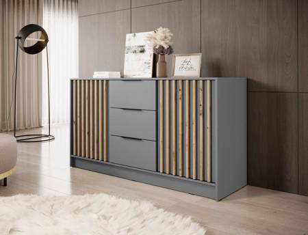 Kommode mit Schubladen Aspen 155 cm Grau / Eiche Artisan Lamellen modernes Design Schranktüren der Kommode mit dekorativen Lamellen