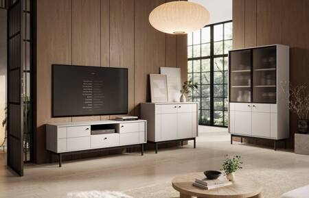 Modesta Möbelset beige minimalistisches Design mit dezenten Farben geriffeltes gehärtetes Glas hohe Holzbeine hervorgehoben