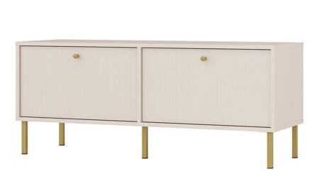 RTV-Schrank Kioto II 121 cm beige eleganter Schrank mit nach unten öffnenden Türen gedeckte Farben goldener Metallsockel