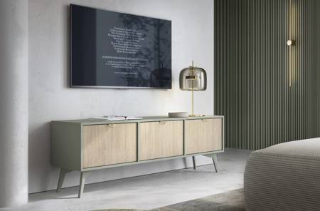 RTV Schrank Wald 158 cm Eukalyptus / beige Fischgrät skandinavisches Design geschmackvolles Fischgrätdekor auf Fronten elegante goldene Griffe