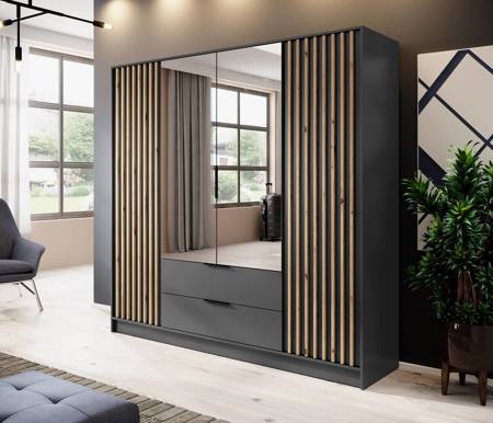 Schrank mit Spiegel Aspen 206 cm Grafit / Eiche Artisan Lamellen modernes Design Schranktüren mit dekorativen Lamellen