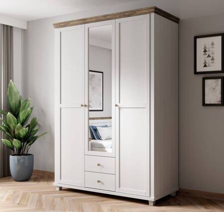 Spiegelschrank Evora 154 cm weiß abisko Esche / Eiche lefkas elegantes Design ideal Kleiderschrank für Schlafzimmer Flur Zimmer geräumige Schubladen