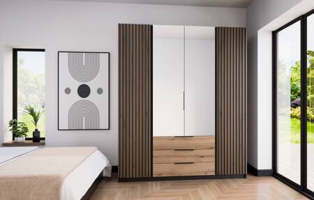 Spiegelschrank Kastano V 200 cm schwarz / Eiche evoke stilvolle Garderobe Design für Flur Garderobentüren mit schwarzen Lamellen verziert