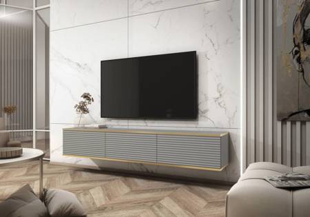 TV-Lowboard Luxury 175 cm Grau Begeistert Liebhaber eleganter Arrangements Korpus verziert mit einer goldenen Leiste stilvolle geriffelte Front