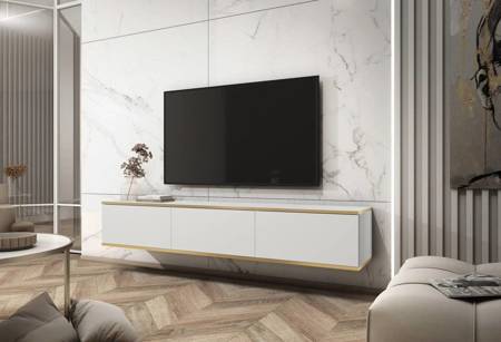 TV-Lowboard Luxury 175 cm Weiß Minimalistisches Design Korpus verziert mit einer goldenen Leiste begeistert Liebhaber eleganter Arrangements