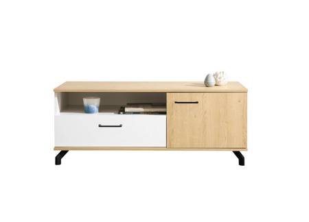 TV Schrank Horten 120 cm weiß / Biskuit Eiche elegantes Design einfache Form der Möbel mit stilvollen Metall-Elemente bereichert schwarze Beine