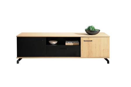 TV Schrank Horten 160 cm schwarz / Biskuit Eiche elegantes Design einfache Form der Möbel mit stilvollen Metall-Elemente bereichert schwarze Beine 