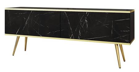 TV-Schrank Luxury 135 cm Korpus aus schwarzem Marmor, elegantes Design mit goldener Zierleiste, Schrank auf goldenen Metallbeinen