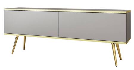 TV-Schrank Luxury 135 cm Korpus in grauem, elegantem Design mit goldener Zierleiste Schrank steht auf goldenen Metallbeinen