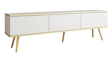 TV-Schrank Luxury 175 cm weiß elegantes Design stilvolle geriffelte Front Korpus mit goldenen Zierleisten goldenen Metallbeinen gekrönt