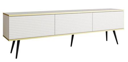 TV-Schrank Luxury 175 cm weiß elegantes Design stilvolle geriffelte Front Korpus mit goldener Zierleiste schwarze Metallbeine gekrönt