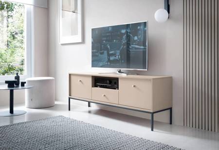 TV-Schrank Mono 154 cm Beige Minimalistisches Design schlichte Form mit metallischen Elementen stilvoller goldener Griff