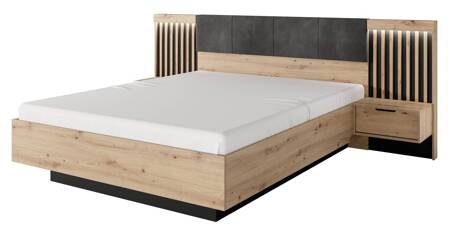 Tipler Bett 160x200 cm mit Bettzeug und Nachttischen Eiche artisan / anthrazit gepolstertes Kopfteil LED-Beleuchtung