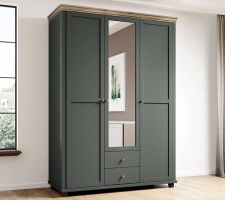 Verspiegelte Garderobe Evora 154 cm Flasche grün / Eiche lefkas elegantes Design ideal Kleiderschrank für Schlafzimmer Flur Zimmer geräumige Schubladen