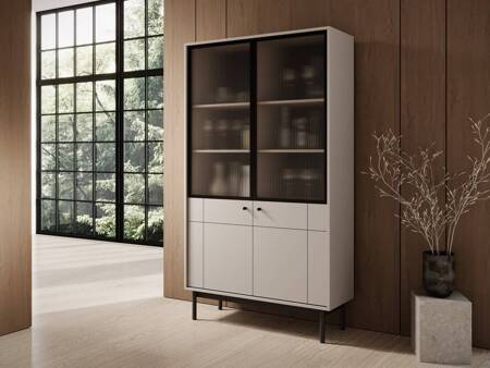 Vitrine Modesta 104 cm beige elegante Vitrine für Wohnzimmer mit minimalistischem Design geriffeltes gehärtetes Glas