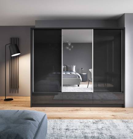 Vivio 254 cm Schiebeschrank glänzend schwarz modernes Design Kleiderschrank ideal für Schlafzimmer Kleiderschrank oder Flur