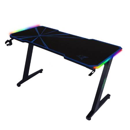 Zeo Gaming-Schreibtisch schwarz/blau Designer-Schreibtisch rutschfeste Carbonplatte voll gepolstert LED-Beleuchtung