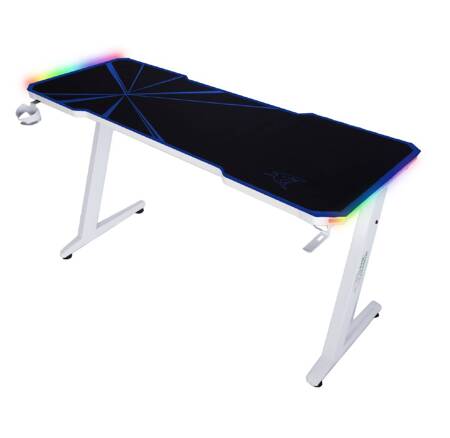 Zeo Gaming-Schreibtisch weiß / blau Designer und ergonomische Schreibtisch rutschfeste Carbonplatte vollständig mit Pad LED-Beleuchtung abgedeckt