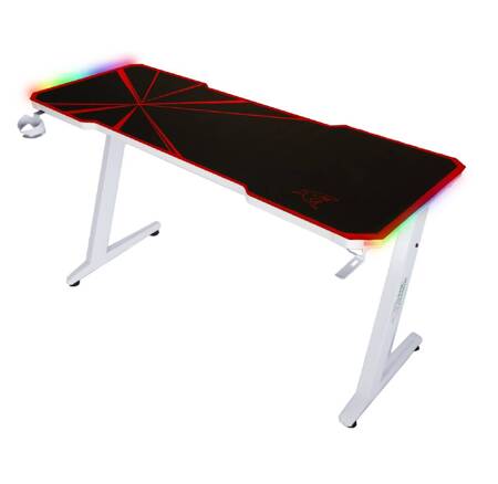 Zeo Gaming-Schreibtisch weiß / rot Designer und ergonomische Schreibtisch rutschfeste Carbonplatte vollständig mit Pad LED-Beleuchtung abgedeckt