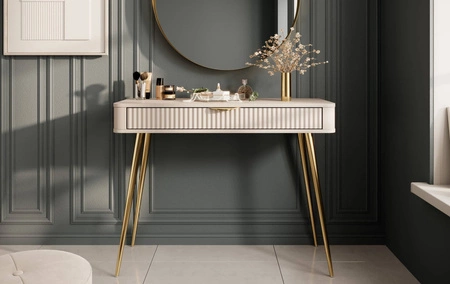 Lante Konsole beige mit Schublade stilvolle und funktionelle Schminktisch geschwungene Form geriffelte Front Gold Zubehör
