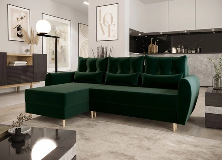 Ecksofa mit Schlaffunktion Rovigo bottle green links elegantes Ecksofa in skandinavischem Design großes Bettzeugfach