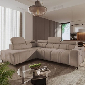 Ecksofa mit Schlaffunktion Castel VII hellbraun linke Seite stilvolles Ecksofa mit Bettzeugablage und verstellbaren Kopfstützen