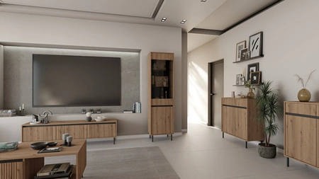 Schrank Osaka 56 cm Eiche evoke/schwarz eleganter Wohnzimmerschrank mit minimalistischem Design geschmackvolle geriffelte Front gehärtetes Glas